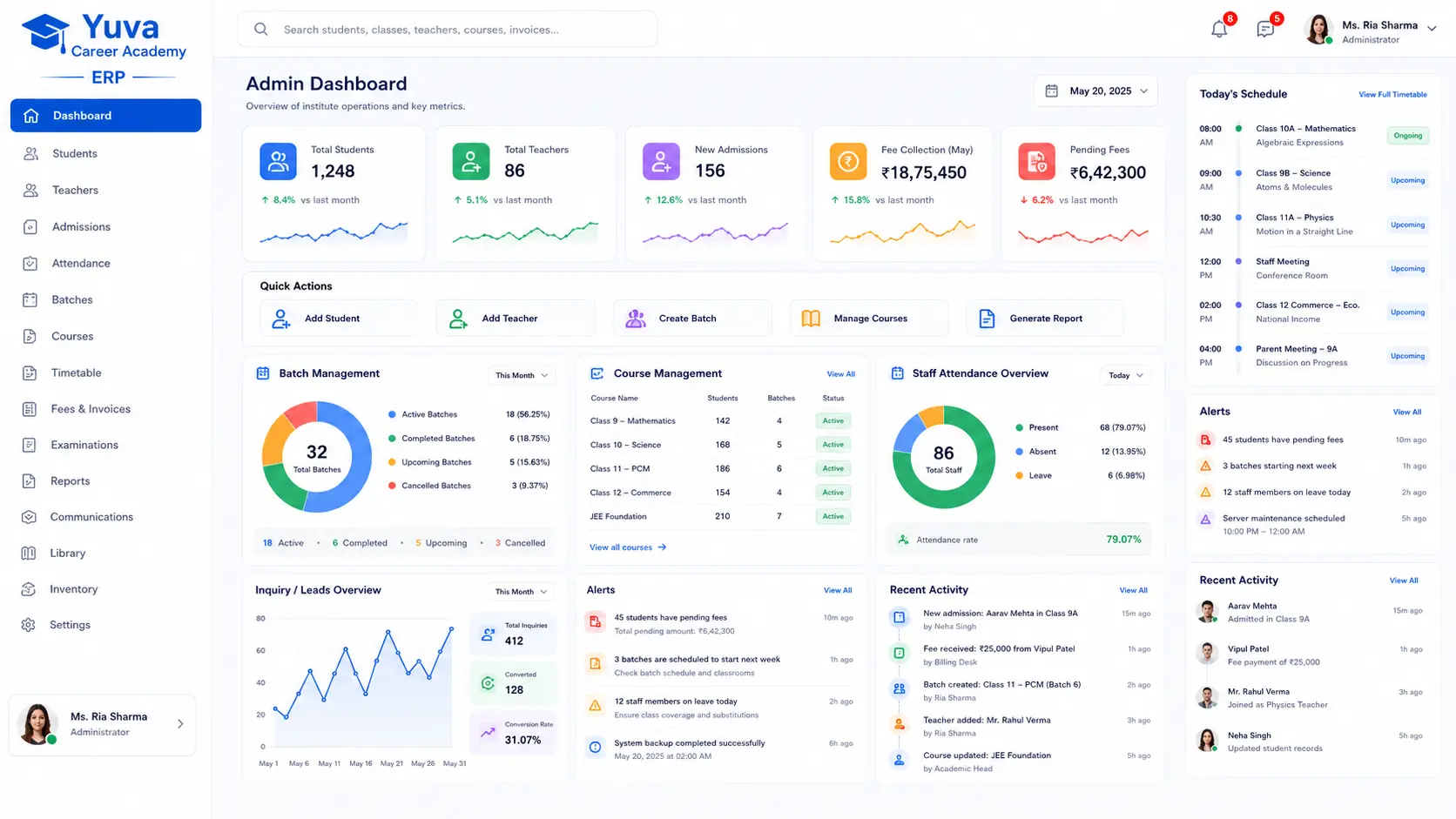 Yuva Career Academy ERP Dashboard UI Design